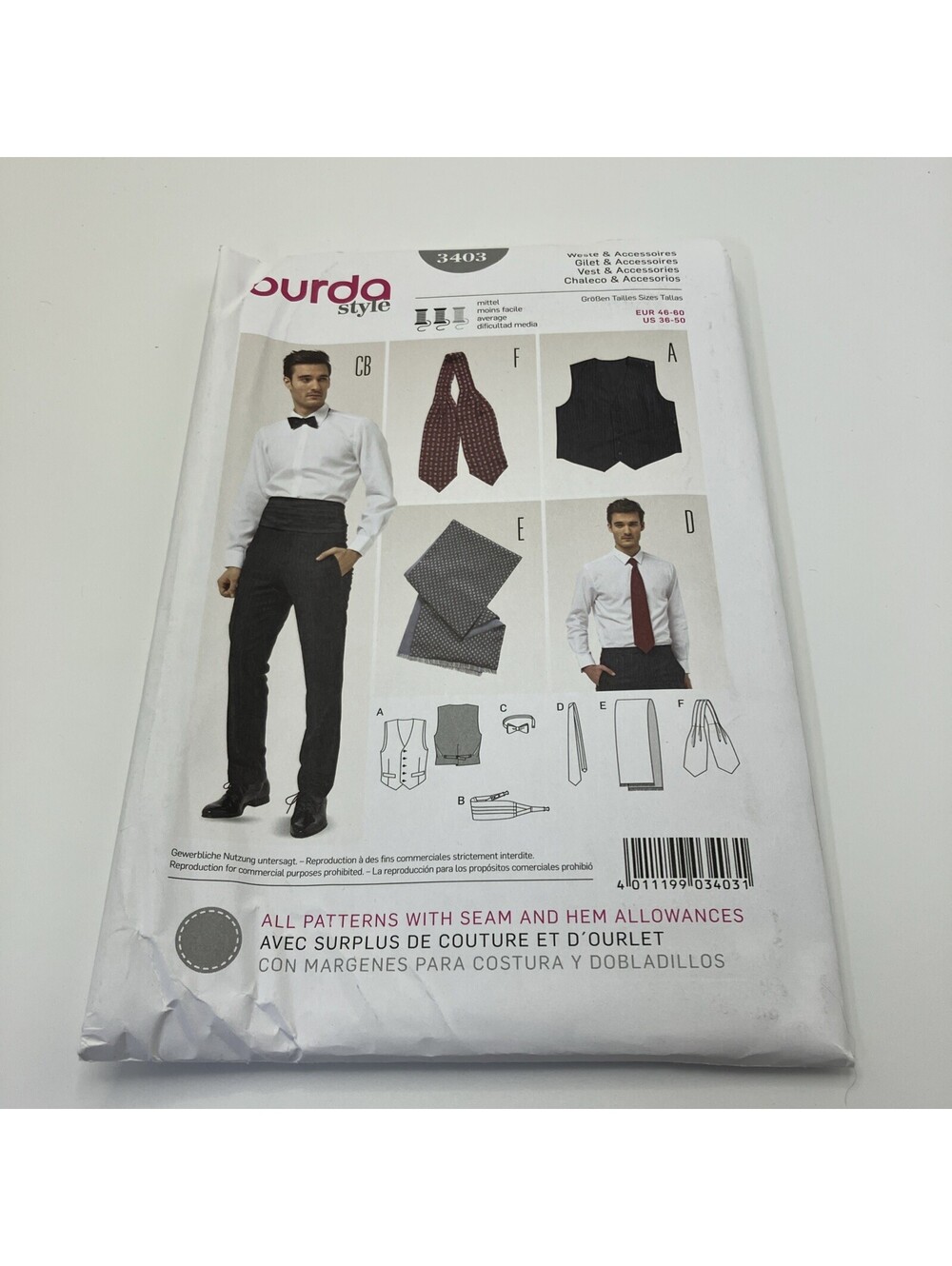BURDA 3403 WAISTCOAT VEST ACCESSORIES Men's Sewing Pattern Cummerbund Size 36-50